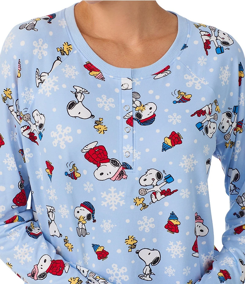 Peanuts Snowflake Snoopy Print Long Sleeve Henley & Jogger Cozy Jersey Holiday Pajama Set