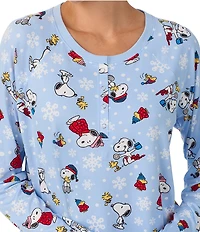 Peanuts Snowflake Snoopy Print Long Sleeve Henley & Jogger Cozy Jersey Holiday Pajama Set