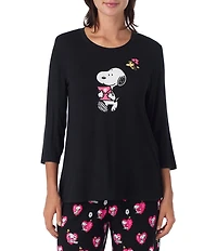 Peanuts Solid Jersey Knit 3/4 Sleeve Round Neck Snoopy Applique Coordinating Valentine's Day Sleep Top