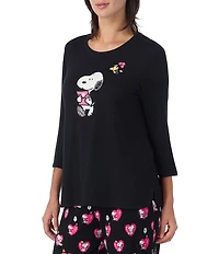 Peanuts Solid Jersey Knit 3/4 Sleeve Round Neck Snoopy Applique Coordinating Valentine's Day Sleep Top