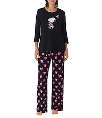 Peanuts Solid Jersey Knit 3/4 Sleeve Round Neck Snoopy Applique Coordinating Valentine's Day Sleep Top