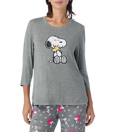 Peanuts Solid Jersey Knit 3/4 Sleeve Round Neck Snoopy Applique Coordinating Valentine's Day Sleep Top