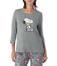 Peanuts Solid Jersey Knit 3/4 Sleeve Round Neck Snoopy Applique Coordinating Valentine's Day Sleep Top