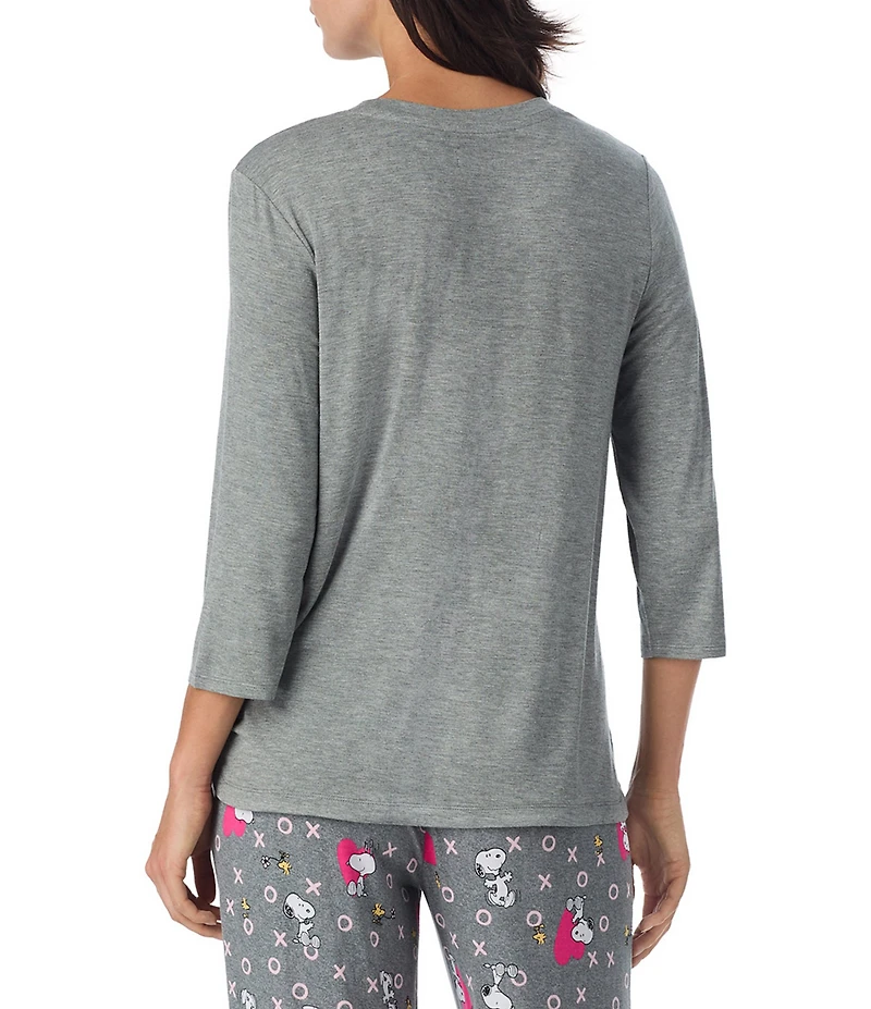 Peanuts Solid Jersey Knit 3/4 Sleeve Round Neck Snoopy Applique Coordinating Valentine's Day Sleep Top