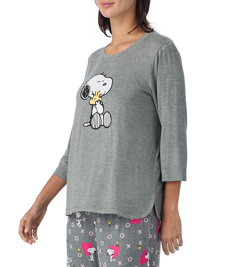 Peanuts Solid Jersey Knit 3/4 Sleeve Round Neck Snoopy Applique Coordinating Valentine's Day Sleep Top