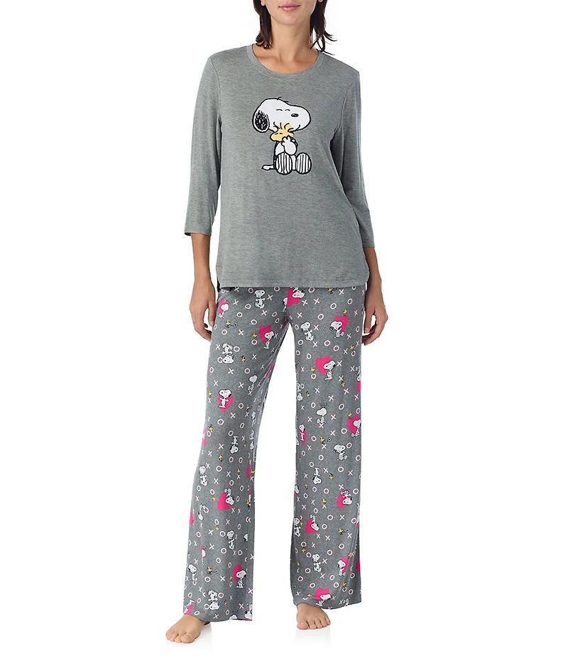 Peanuts Solid Jersey Knit 3/4 Sleeve Round Neck Snoopy Applique Coordinating Valentine's Day Sleep Top