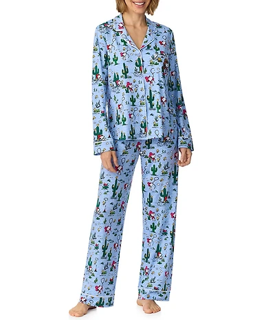 Peanuts Western Snoopy Print Long Sleeve Notch Collar Jersey Knit Long Pajama Set