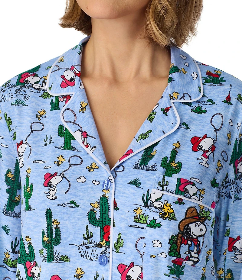 Peanuts Western Snoopy Print Long Sleeve Notch Collar Jersey Knit Long Pajama Set