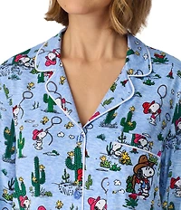 Peanuts Western Snoopy Print Long Sleeve Notch Collar Jersey Knit Long Pajama Set