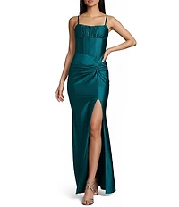 Pear Culture Faux Wrap Front Corseted Side Slit Dress