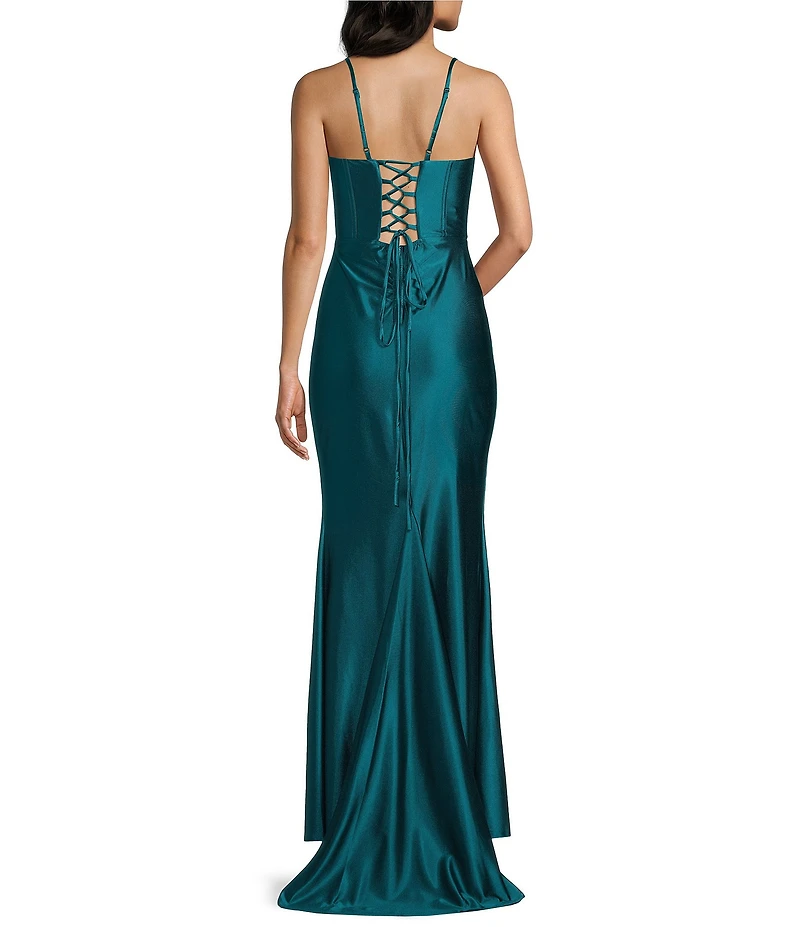 Pear Culture Faux Wrap Front Corseted Side Slit Dress