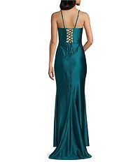 Pear Culture Faux Wrap Front Corseted Side Slit Dress