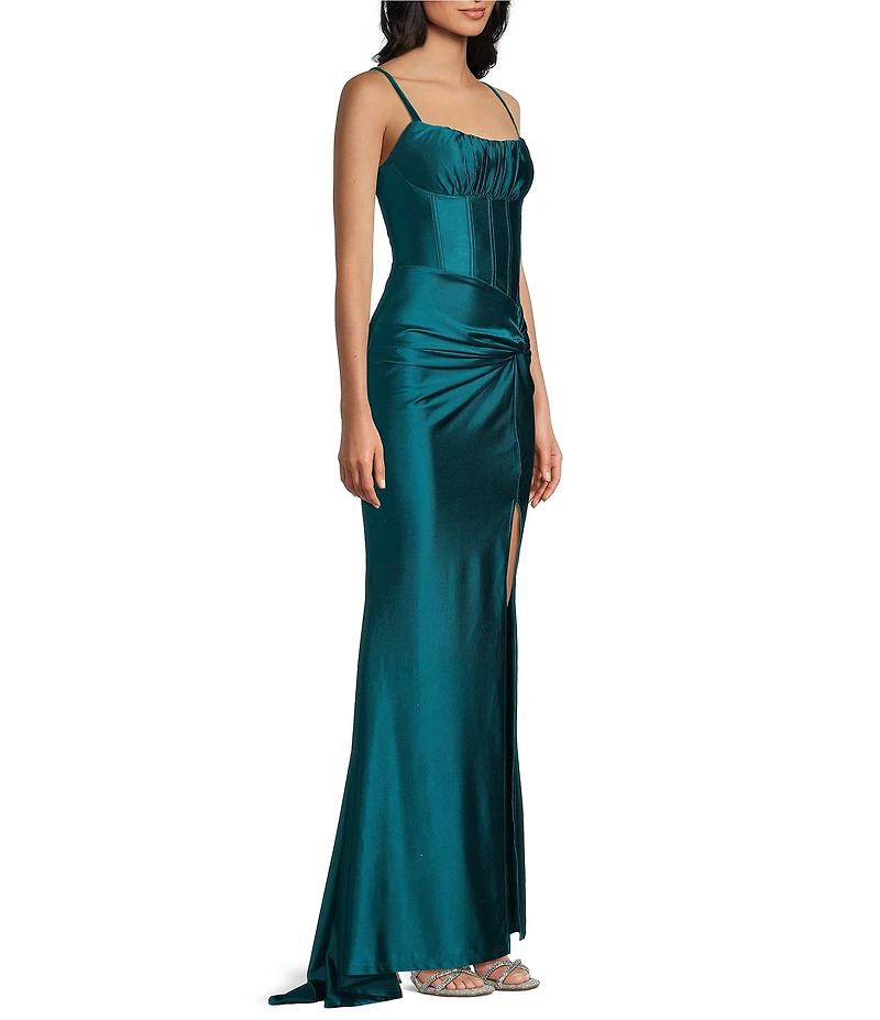 Pear Culture Faux Wrap Front Corseted Side Slit Dress