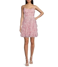 Pear Culture Floral Printed Glitter Mesh Pleated Scoop Neck Ruffled Dress