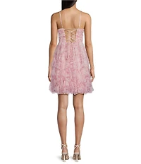 Pear Culture Floral Printed Glitter Mesh Pleated Scoop Neck Ruffled Dress