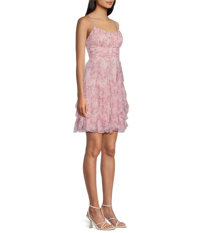 Pear Culture Floral Printed Glitter Mesh Pleated Scoop Neck Ruffled Dress