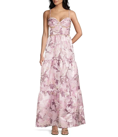 Pear Culture Floral Printed Jacquard Sweetheart Neck Rhinestone Trim Lace Up Back Tiered Ballgown