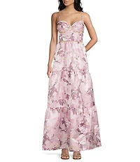 Pear Culture Floral Printed Jacquard Sweetheart Neck Rhinestone Trim Lace Up Back Tiered Ballgown
