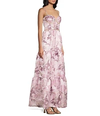 Pear Culture Floral Printed Jacquard Sweetheart Neck Rhinestone Trim Lace Up Back Tiered Ballgown