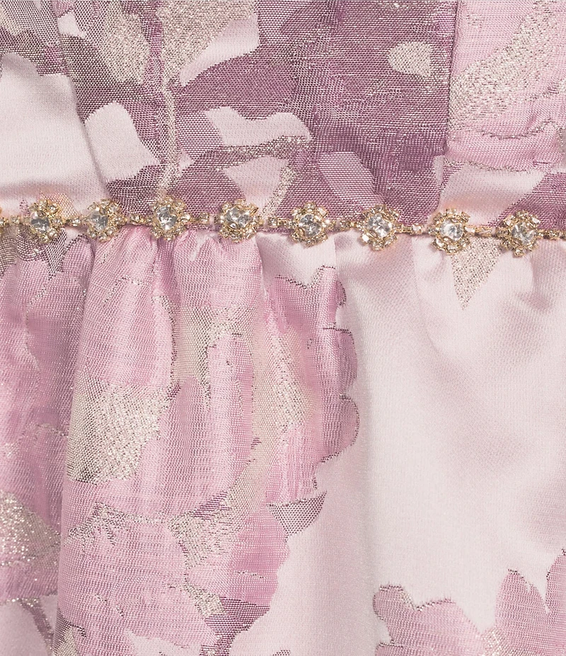 Pear Culture Floral Printed Jacquard Sweetheart Neck Rhinestone Trim Lace Up Back Tiered Ballgown