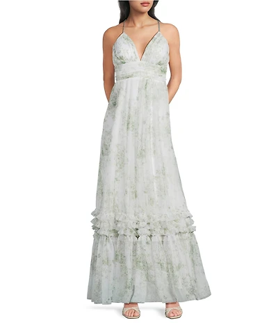 Pear Culture Floral Printed Mesh Plunging V-Neck Spaghetti Strap Dress