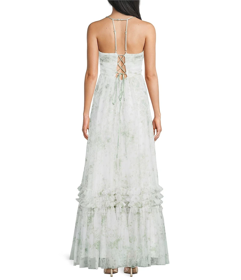 Pear Culture Floral Printed Mesh Plunging V-Neck Spaghetti Strap Dress