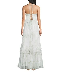 Pear Culture Floral Printed Mesh Plunging V-Neck Spaghetti Strap Dress