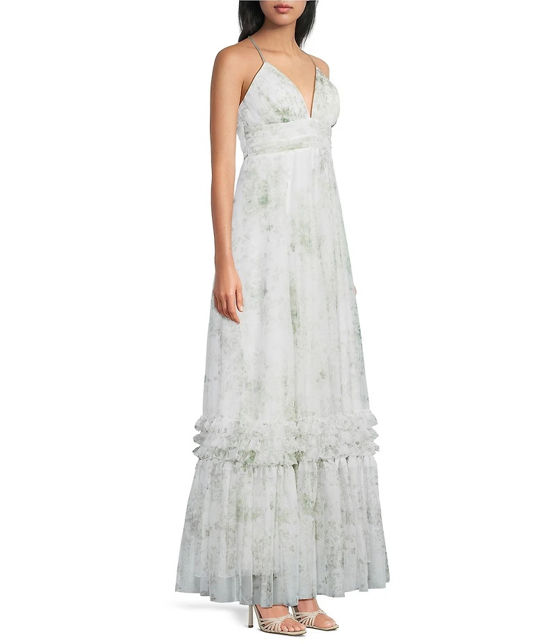 Pear Culture Floral Printed Mesh Plunging V-Neck Spaghetti Strap Dress