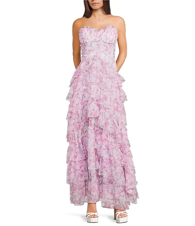 Pear Culture Floral Printed Mesh Strapless Sweetheart Neck Tiered Ruffled Ballgown