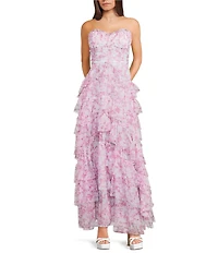 Pear Culture Floral Printed Mesh Strapless Sweetheart Neck Tiered Ruffled Ballgown