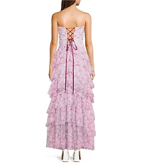 Pear Culture Floral Printed Mesh Strapless Sweetheart Neck Tiered Ruffled Ballgown