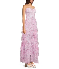 Pear Culture Floral Printed Mesh Strapless Sweetheart Neck Tiered Ruffled Ballgown