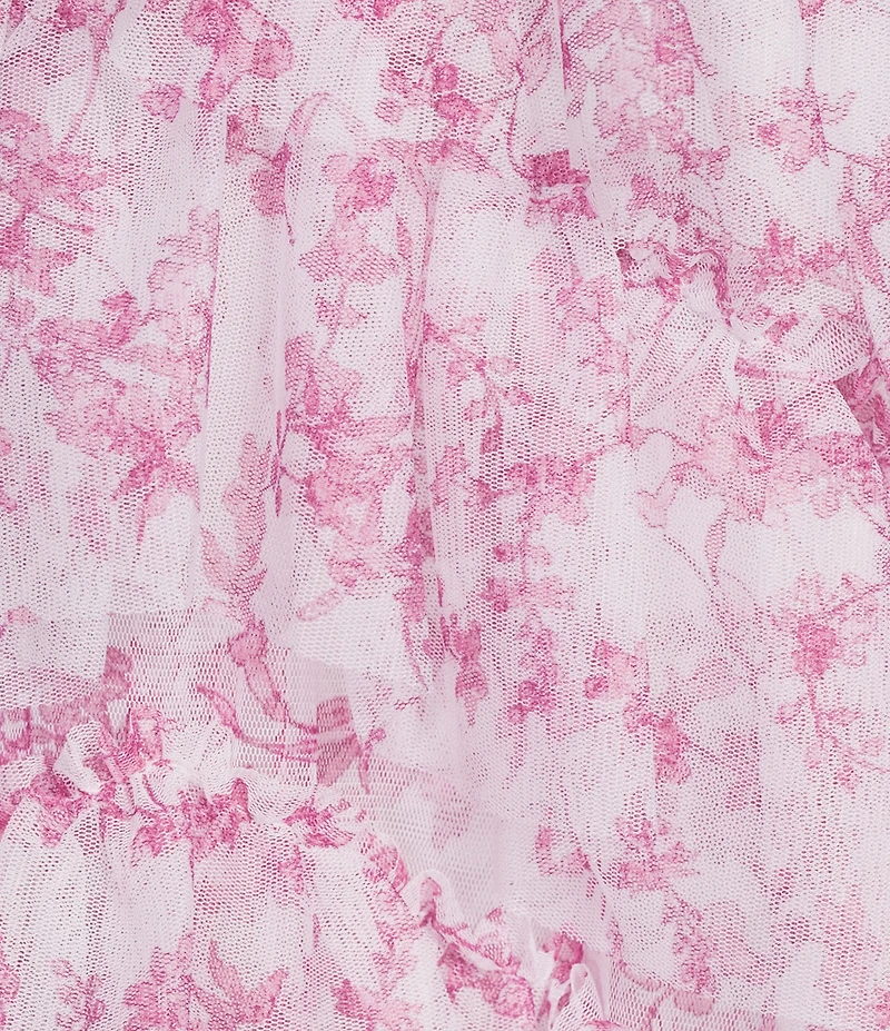 Pear Culture Floral Printed Mesh Strapless Sweetheart Neck Tiered Ruffled Ballgown