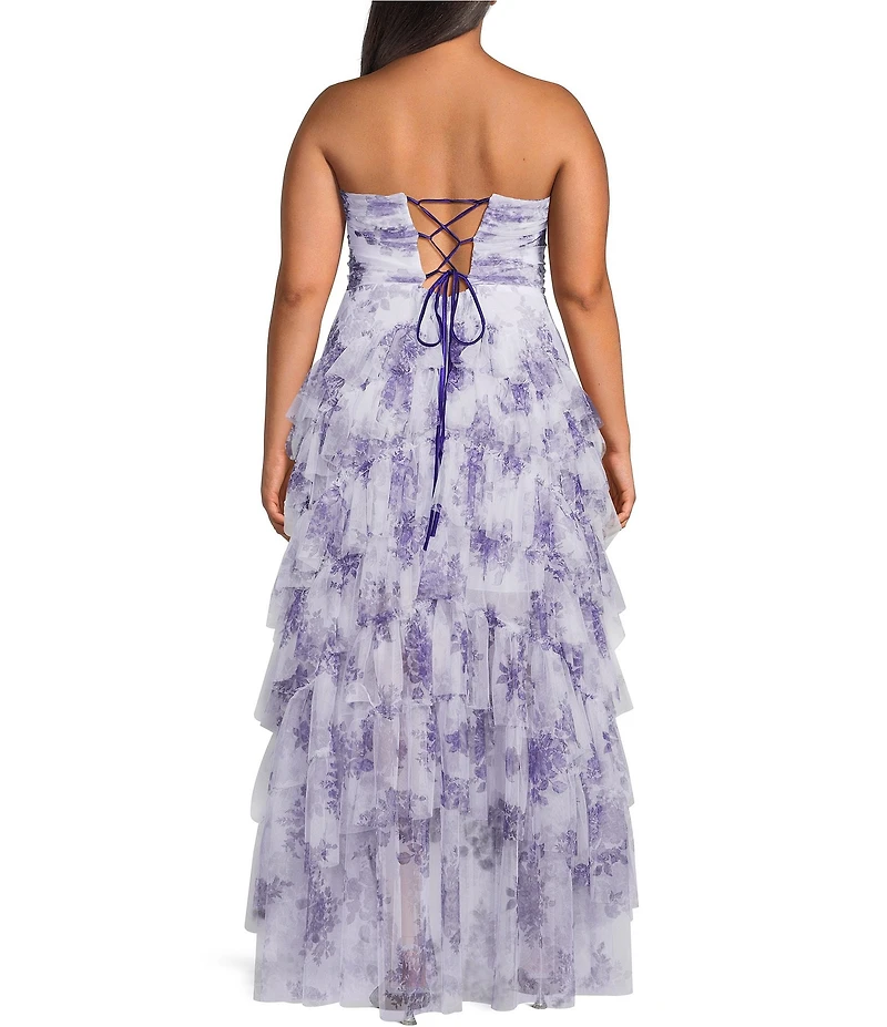 Pear Culture Plus Size Floral Printed Mesh Strapless Tiered A-Line Dress