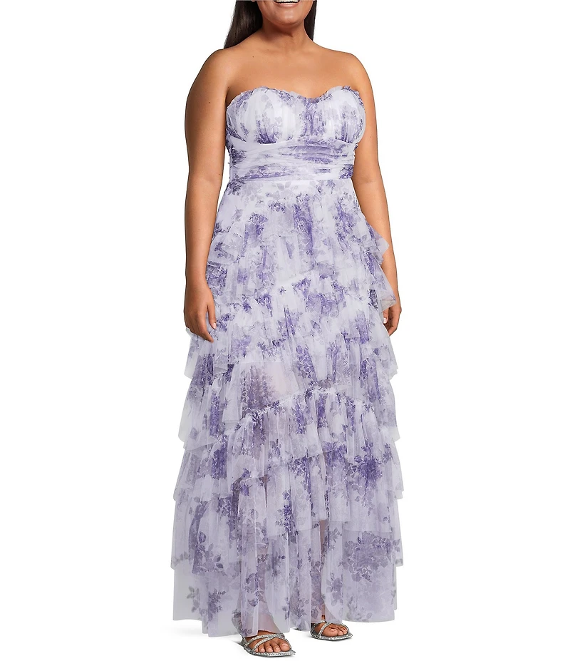 Pear Culture Plus Size Floral Printed Mesh Strapless Tiered A-Line Dress
