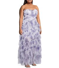 Pear Culture Plus Size Floral Printed Mesh Strapless Tiered A-Line Dress