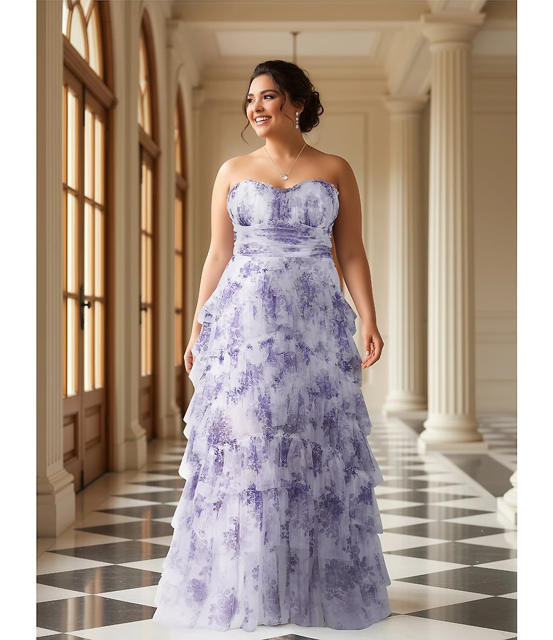 Pear Culture Plus Size Floral Printed Mesh Strapless Tiered A-Line Dress