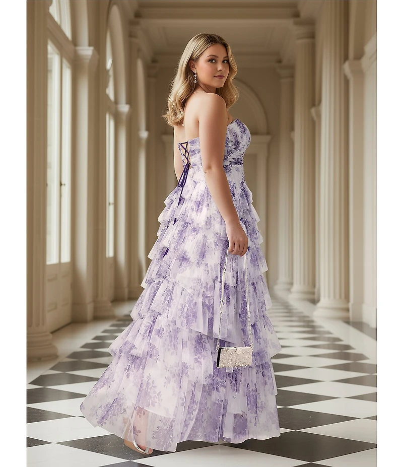 Pear Culture Plus Size Floral Printed Mesh Strapless Tiered A-Line Dress