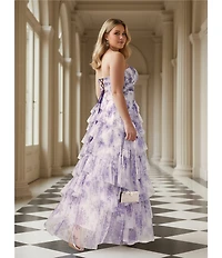 Pear Culture Plus Size Floral Printed Mesh Strapless Tiered A-Line Dress
