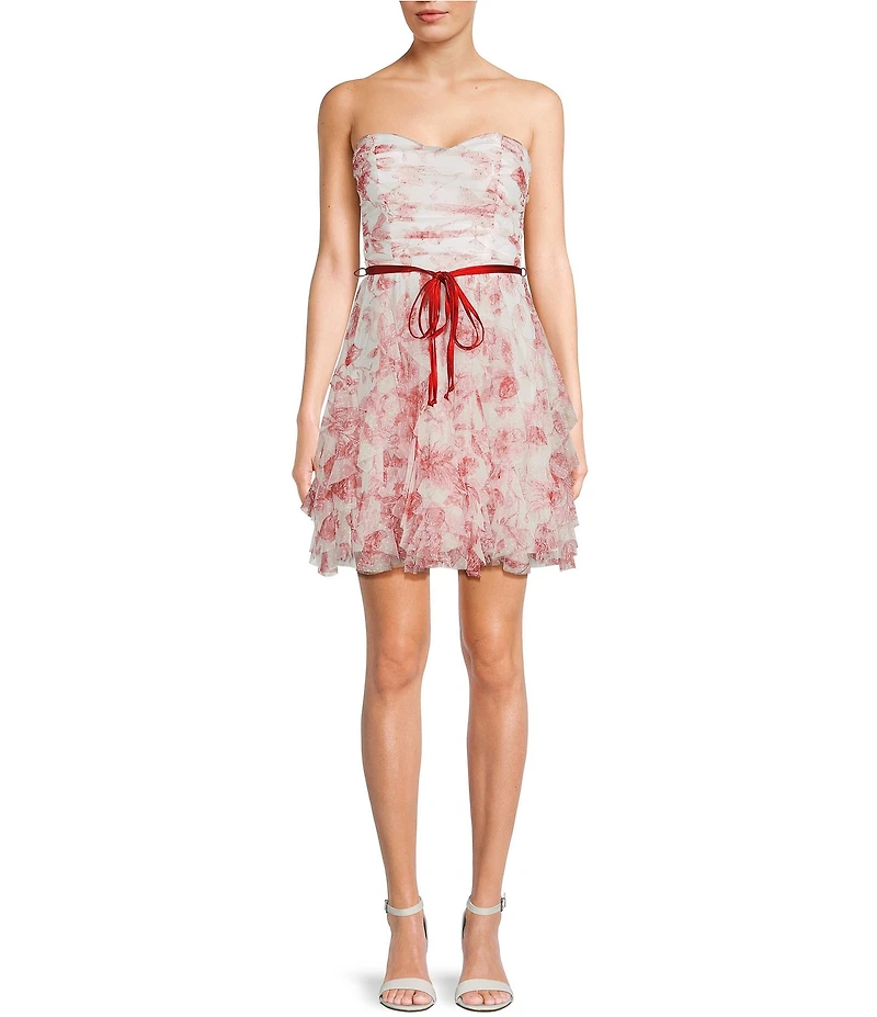 Pear Culture Floral Printed Mesh Sweetheart Neck Tie Front Tiered Ruffle Dress