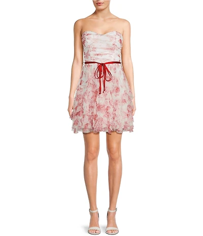 Pear Culture Floral Printed Mesh Sweetheart Neck Tie Front Tiered Ruffle Dress