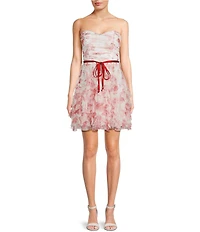Pear Culture Floral Printed Mesh Sweetheart Neck Tie Front Tiered Ruffle Dress