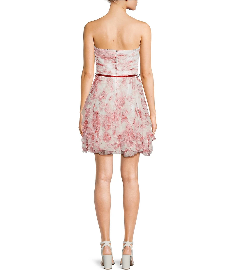Pear Culture Floral Printed Mesh Sweetheart Neck Tie Front Tiered Ruffle Dress