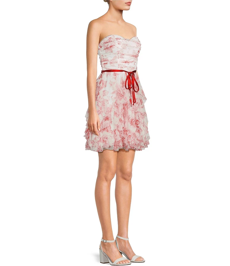 Pear Culture Floral Printed Mesh Sweetheart Neck Tie Front Tiered Ruffle Dress