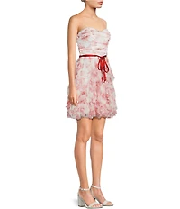 Pear Culture Floral Printed Mesh Sweetheart Neck Tie Front Tiered Ruffle Dress