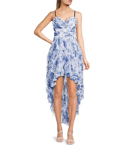 Pear Culture Floral Printed Mesh V-Neck Corseted High-Low Corkscrew Dress