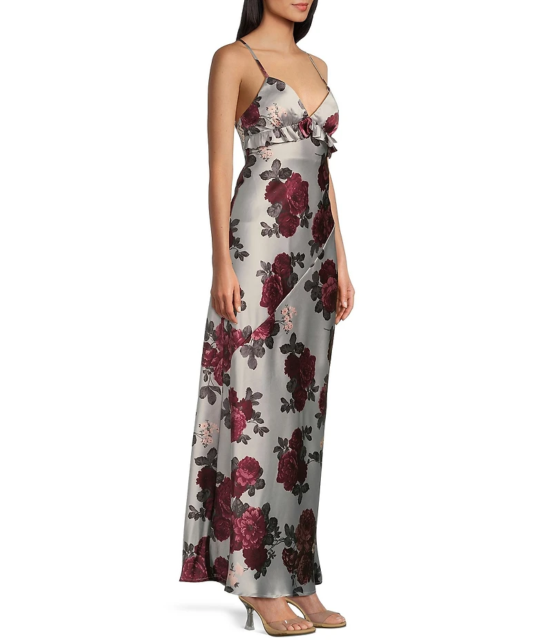 Pear Culture Floral Printed Satin V-Neck Spaghetti Strap Ruffle Long Dress