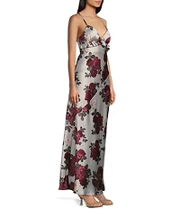 Pear Culture Floral Printed Satin V-Neck Spaghetti Strap Ruffle Long Dress