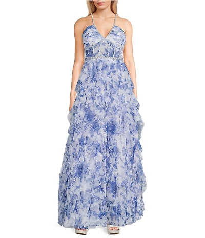 Pear Culture Floral Printed V-Neck Trim Illusion Corset Ruffled Dress