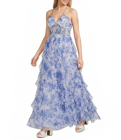 Pear Culture Floral Printed V-Neck Trim Illusion Corset Ruffled Dress